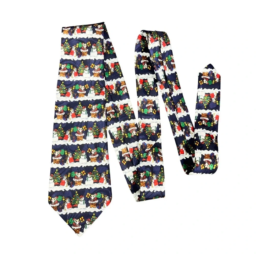Fratello Mens Christmas Necktie Navy Blue Santa Snowman Holiday Silk Feel Tie